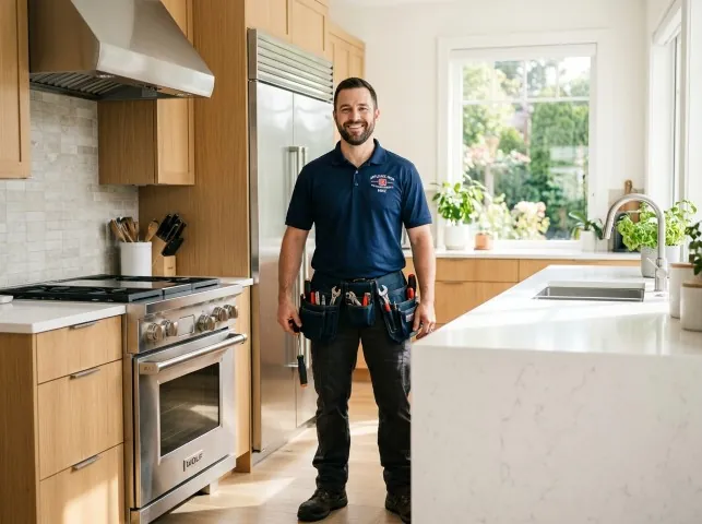 Appliance Repair Hero technician in a Brooklandville, MD kitchen after an appliance repair