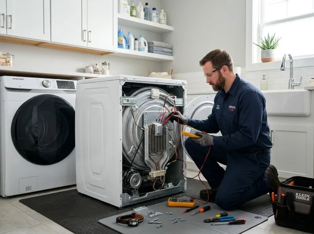 Appliance Repair Hero technician checking a dryer heating element with the rear panel off in Brooklandville, MD