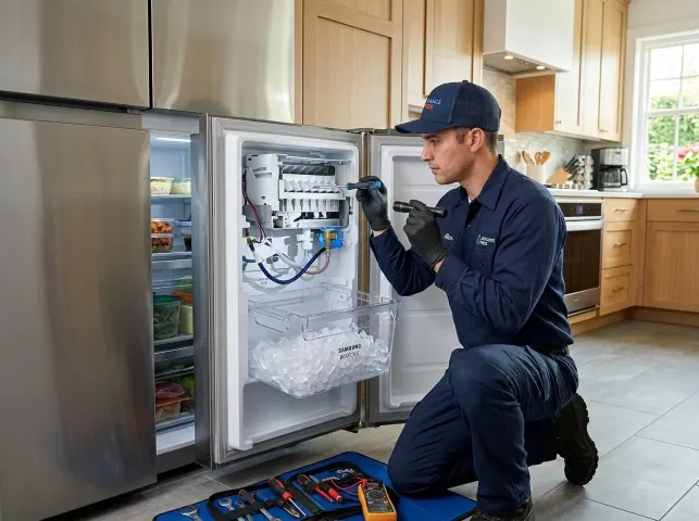 Appliance Repair Hero technician repairing a refrigerator ice maker in Brooklandville, MD