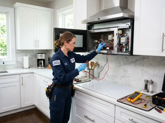 Appliance Repair Hero technician testing an over-the-range microwave in a Brooklandville, MD kitchen