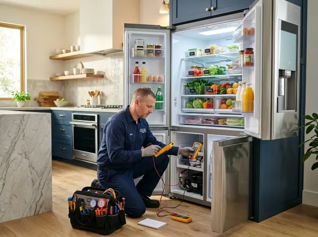 Appliance Repair Hero refrigerator technician testing a fridge on a Brooklandville, MD service call