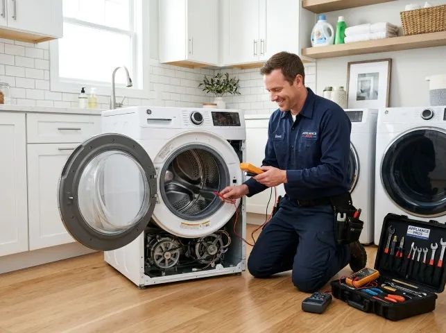 Appliance Repair Hero technician testing a front-load washer with a multimeter on a Brooklandville, MD service call